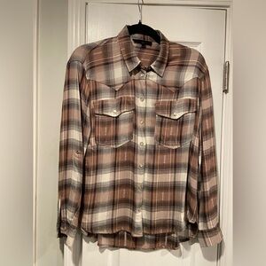 Jane & Delancey Size S Brown Plaid Flannel Western Pearl Snap Front Shirt